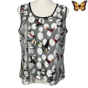 BRAND Unknown Polka Dot Bird and Cages Print on Mesh Overlay Top Size Unknown
